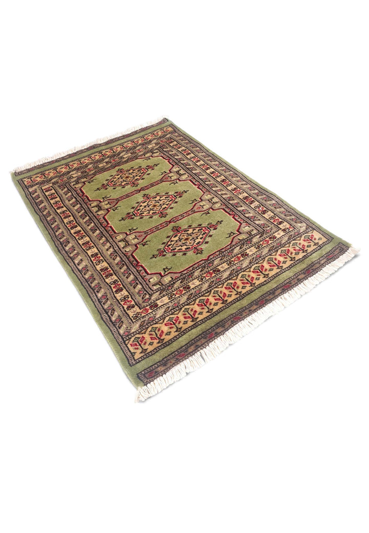Olive Green and Gold Kazak Triple Medallion, Hand-Knotted Wool Rug