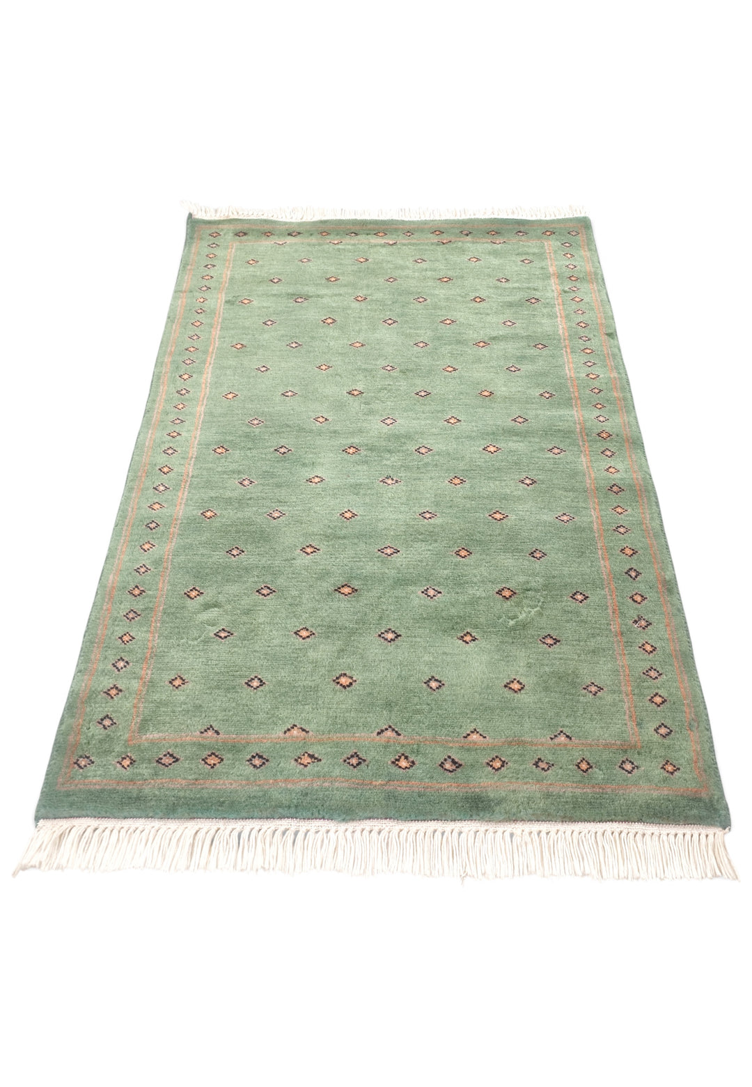 Sage Green and Brown Dot-Grid, Hand-Knotted Wool Rug