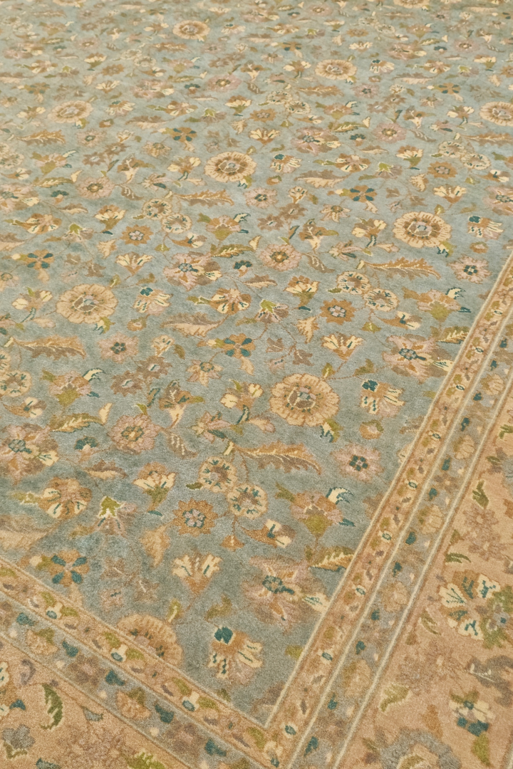 Sage Green and Gold Afshan All-Over Floral, Hand-Knotted Wool Rug