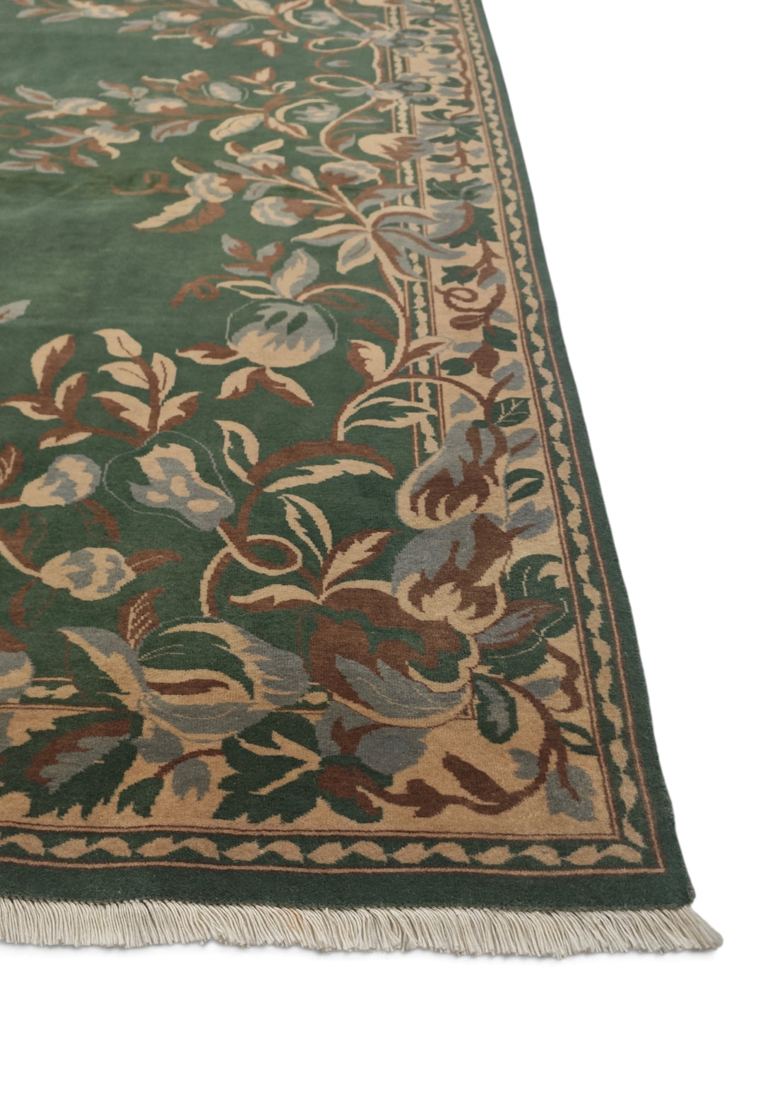 Green and Camel Gol Farang Floral, Hand-Knotted Wool Rug