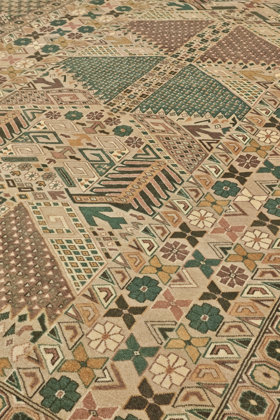 Camel and Green Turkmen Gül, Hand-Knotted Wool Rug