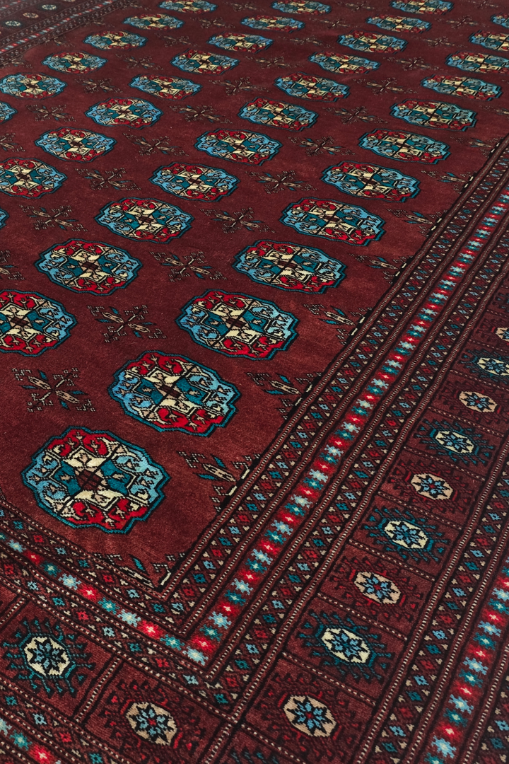 Oxblood and Blue Turkmen Gül Bokhara, Hand-Knotted Wool Rug