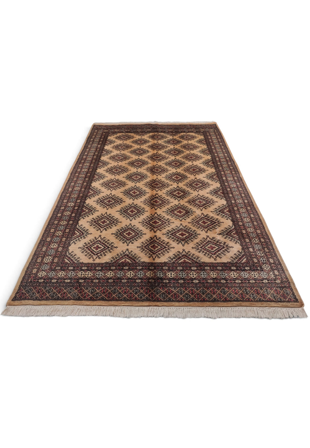 Cream and Brown Jaldar Stepped Diamond, Hand-Knotted Wool Rug