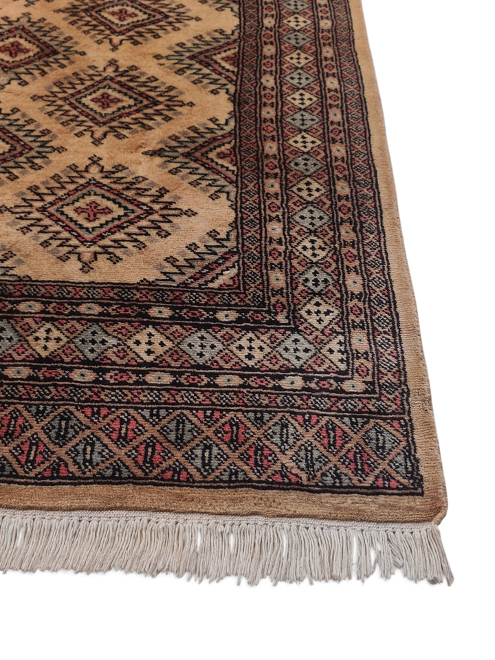 Cream and Brown Jaldar Stepped Diamond, Hand-Knotted Wool Rug