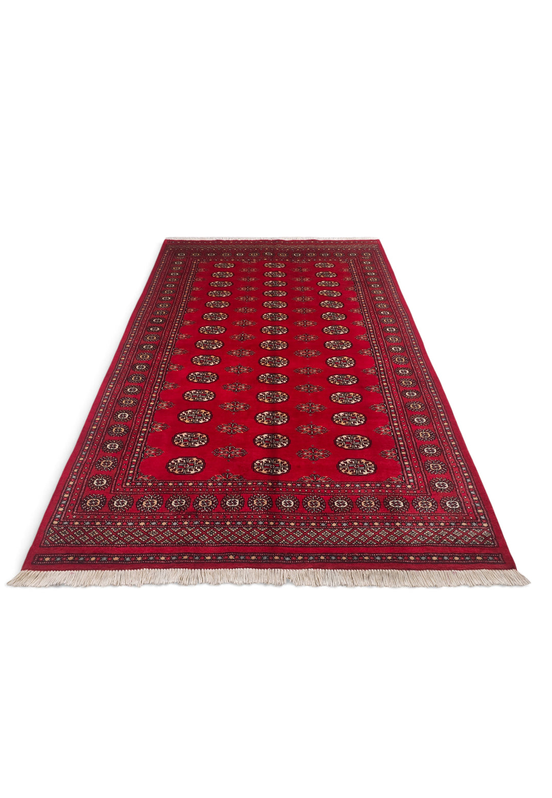 Crimson and Cream Turkmen Gül Bokhara, Hand-Knotted Wool Rug
