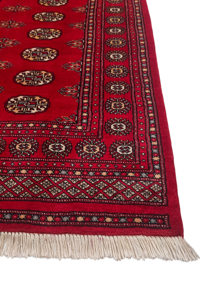 Crimson and Cream Turkmen Gül Bokhara, Hand-Knotted Wool Rug