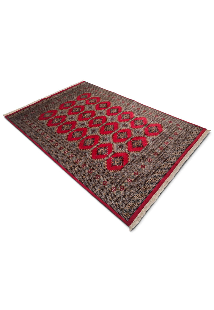 Ruby Red and Sand Jaldar Octagon Gül, Hand-Knotted Wool Rug