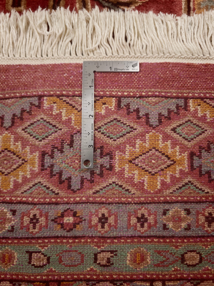 Rust Red &amp; Green Tribal Medallion Single Knot Wool and Silk Rug