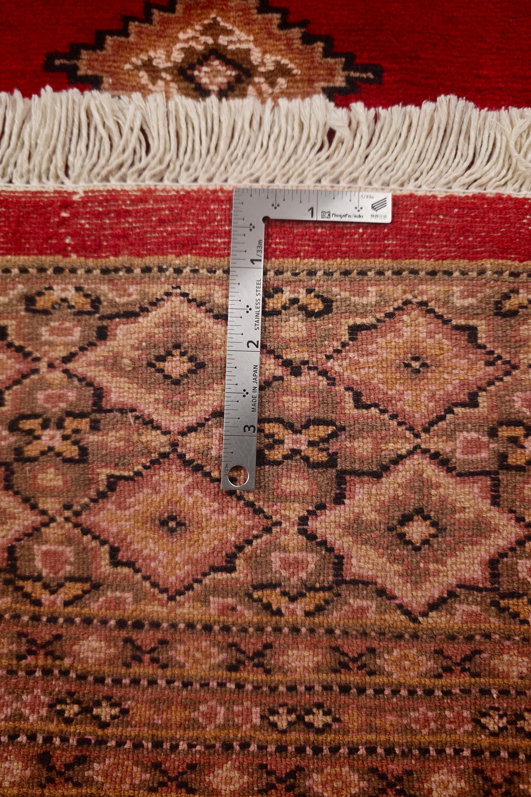 Brick Red &amp; Cream Diamond Jaldar Rug, Hand-Knotted Pakistani Wool &amp; Silk