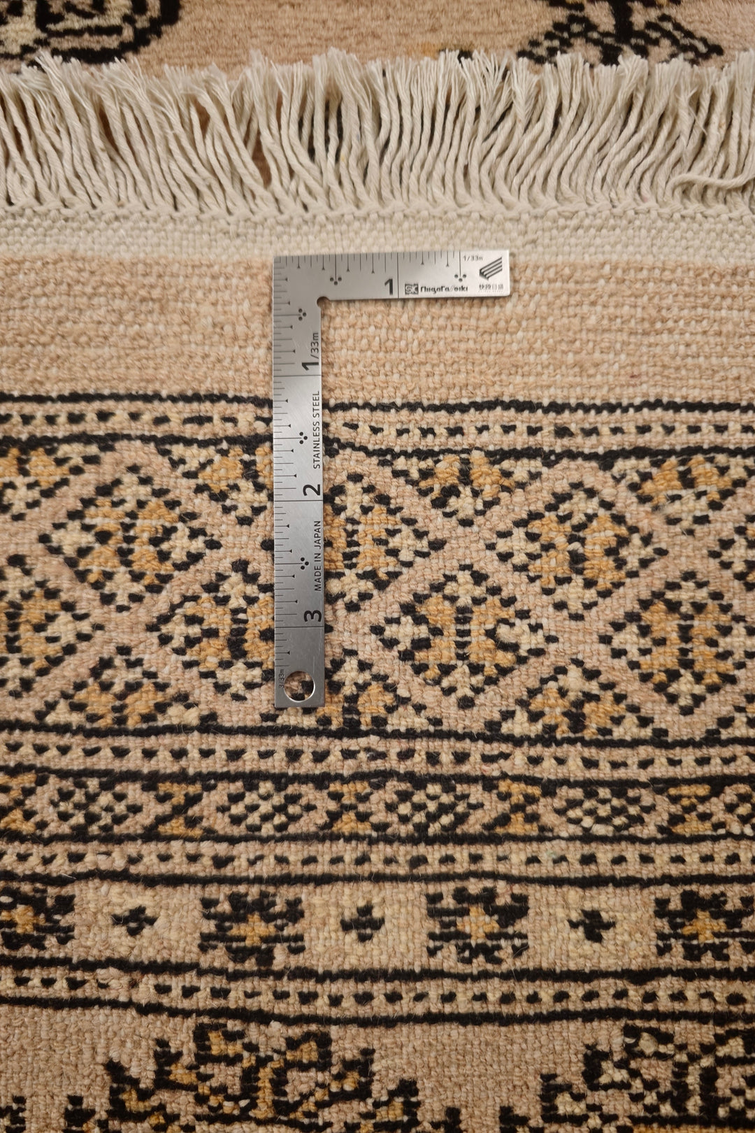 Camel Beige &amp; Charcoal Turkmen Gül Bokhara Rug, Hand-Knotted Pakistani Wool