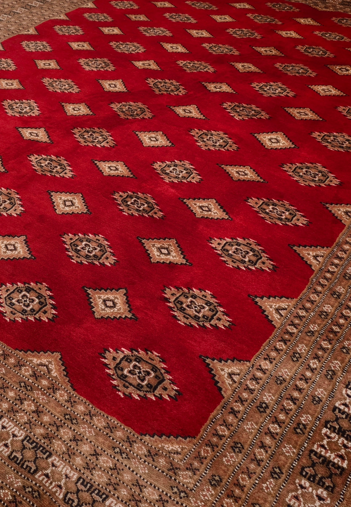 Brick Red &amp; Cream Diamond Jaldar Rug, Hand-Knotted Pakistani Wool &amp; Silk