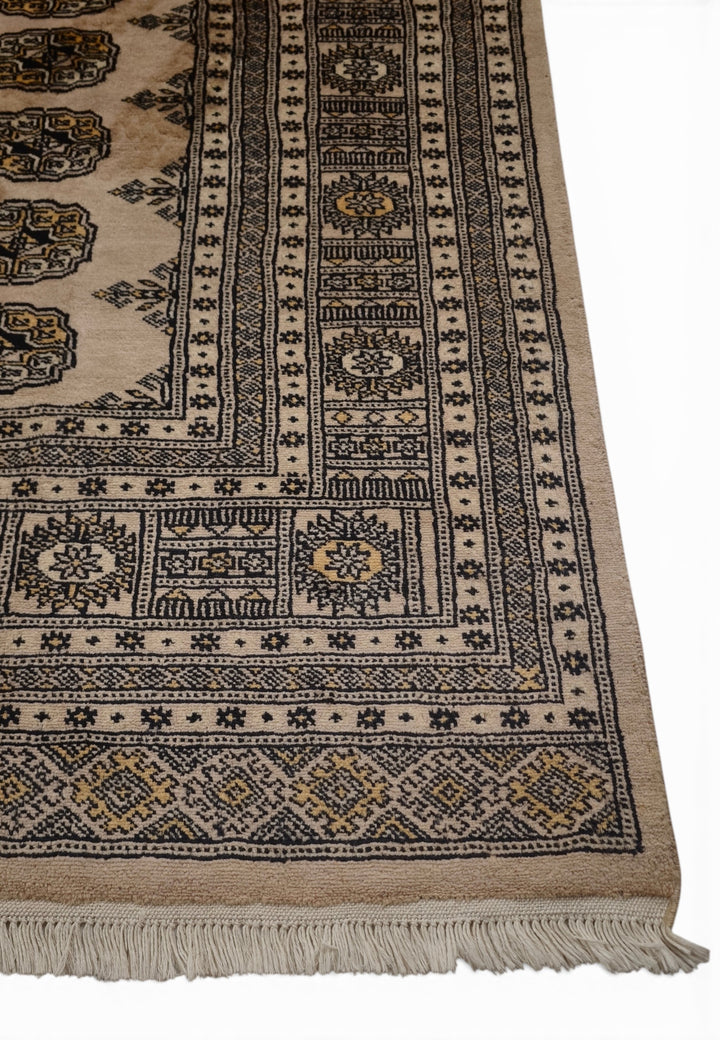 Warm Sand &amp; Charcoal Turkmen Gül Bokhara Rug, Hand-Knotted Pakistani Wool