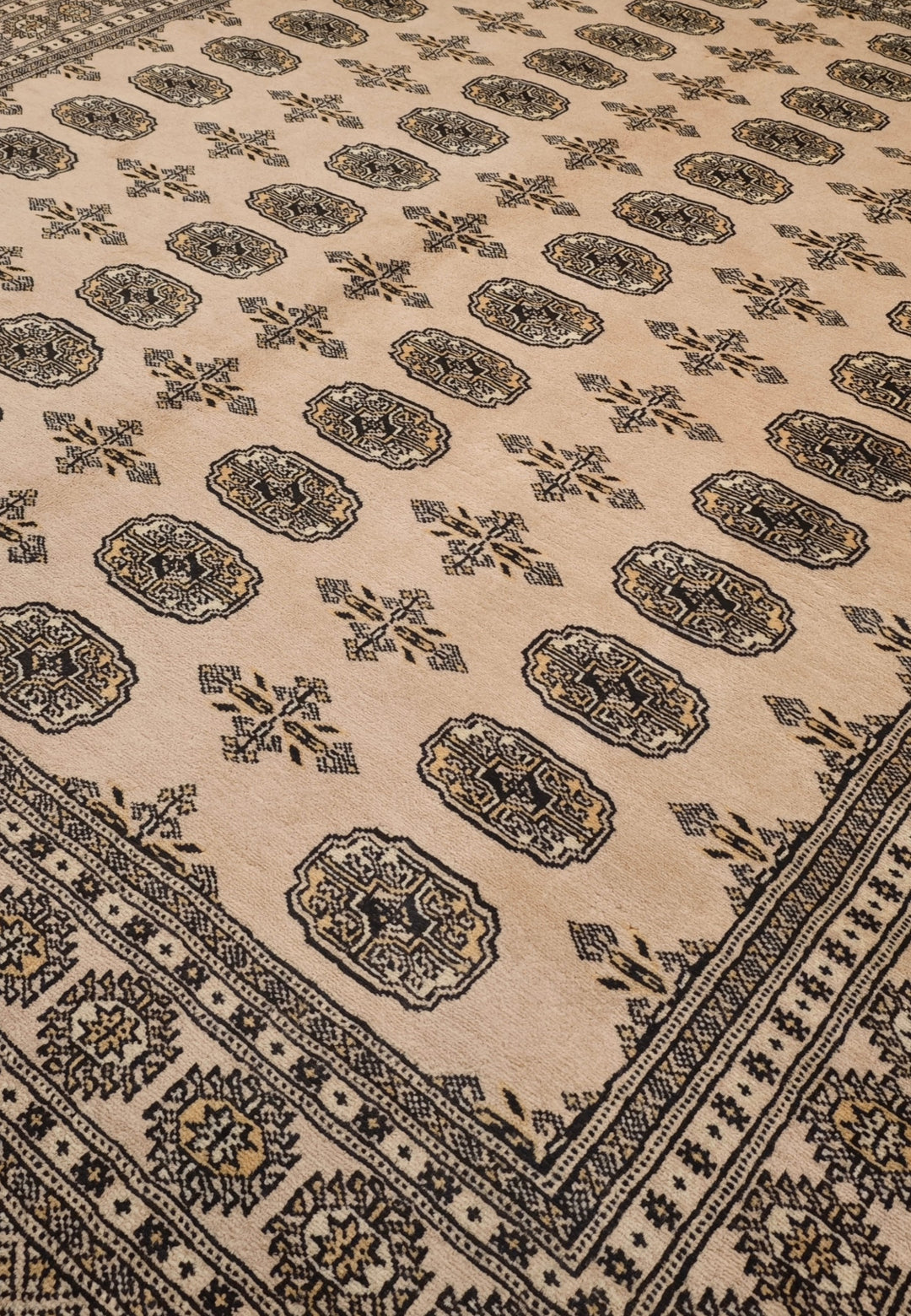 Camel Beige &amp; Charcoal Turkmen Gül Bokhara Rug, Hand-Knotted Pakistani Wool