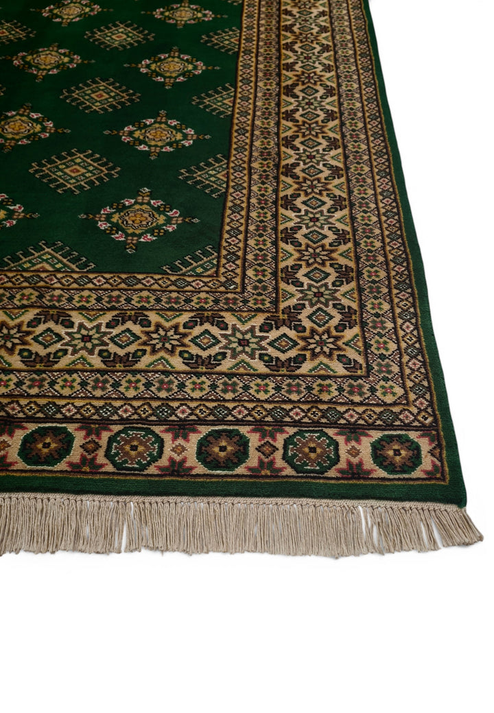 Pine Green &amp; Cream Diamond Jaldar Rug, Hand-Knotted Pakistani Wool