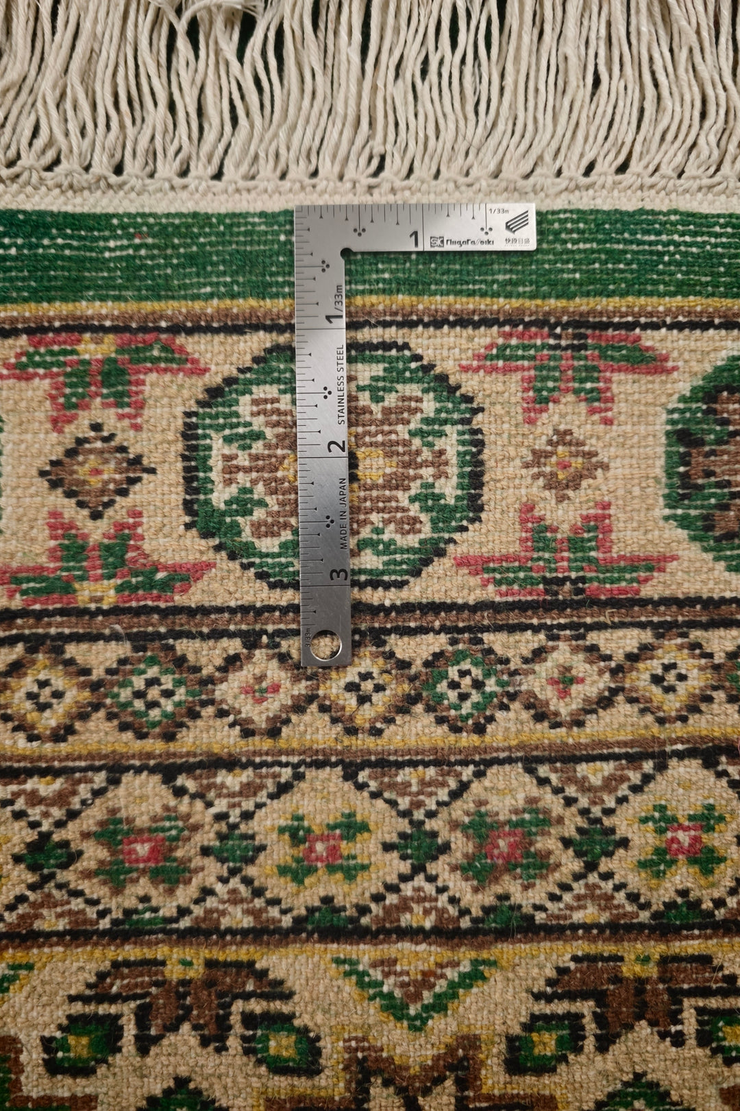 Pine Green &amp; Cream Diamond Jaldar Rug, Hand-Knotted Pakistani Wool