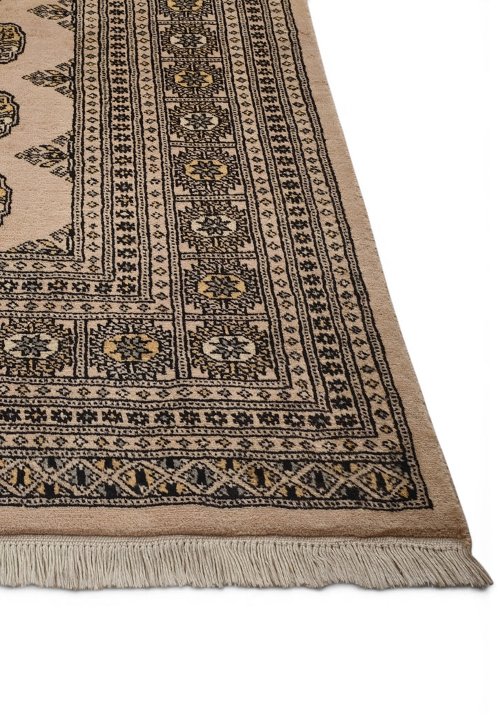Sandy Beige &amp; Black Turkmen Gül Bokhara Rug, Hand-Knotted Pakistani Wool