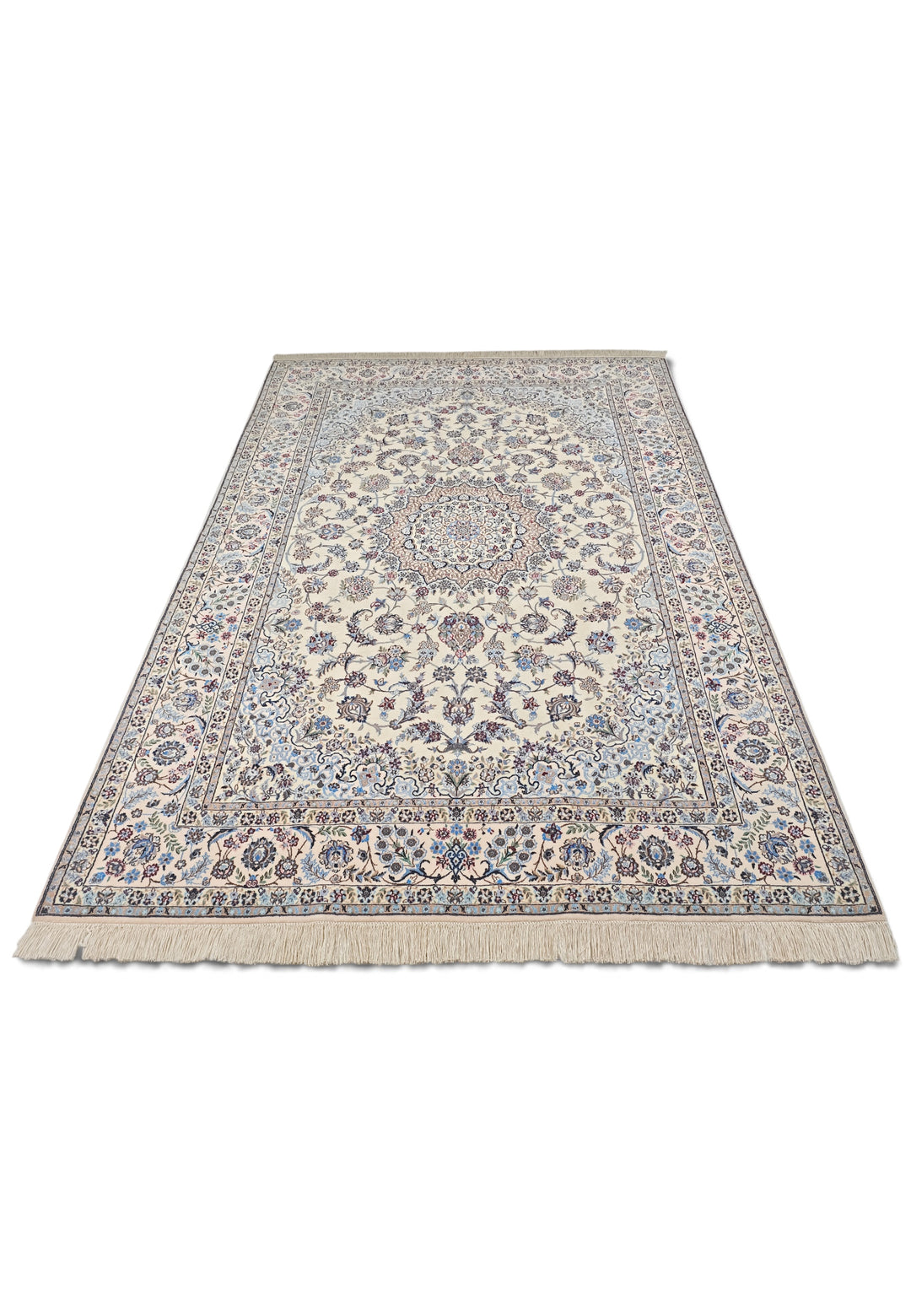 Persian Nain Hand-Knotted Ivory &amp; Blue Medallion Rug — 165×238 cm