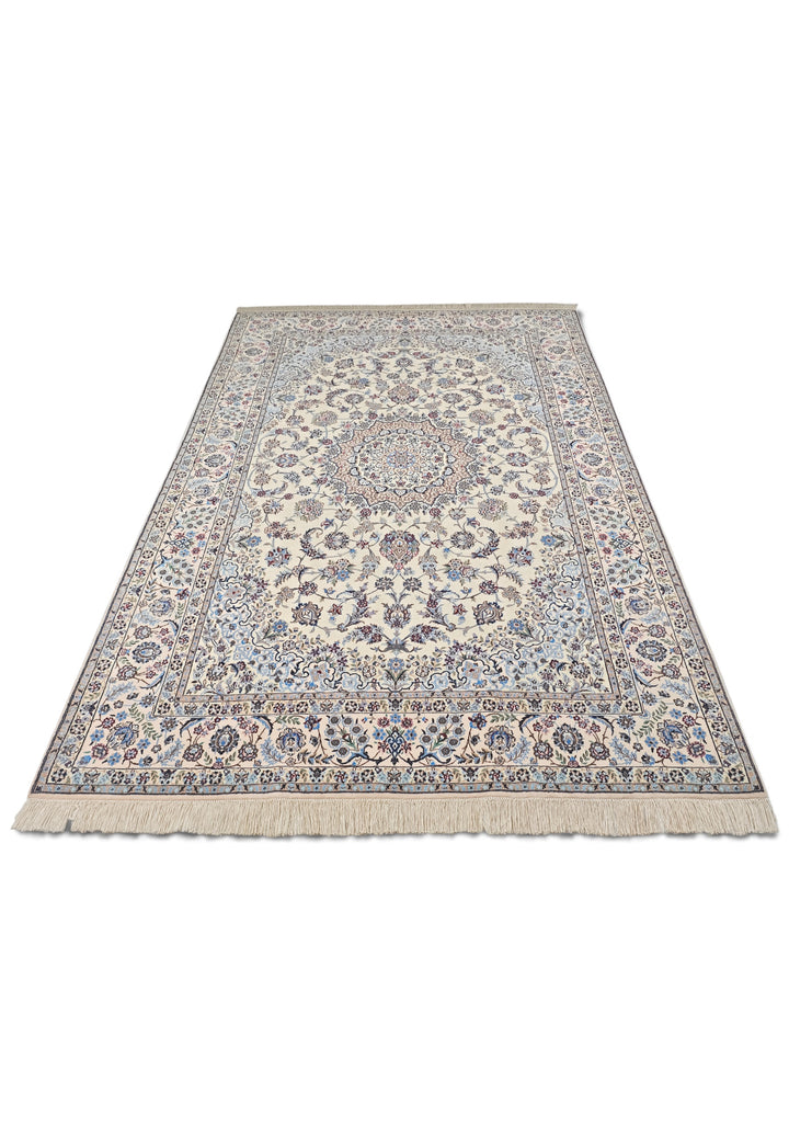 Persian Nain Hand-Knotted Ivory &amp; Blue Medallion Rug — 165×238 cm