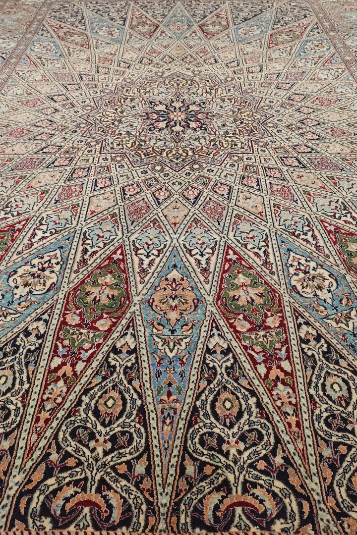 Ivory and Blue Gonbad Dome Persian Nain, Hand-Knotted Wool Rug
