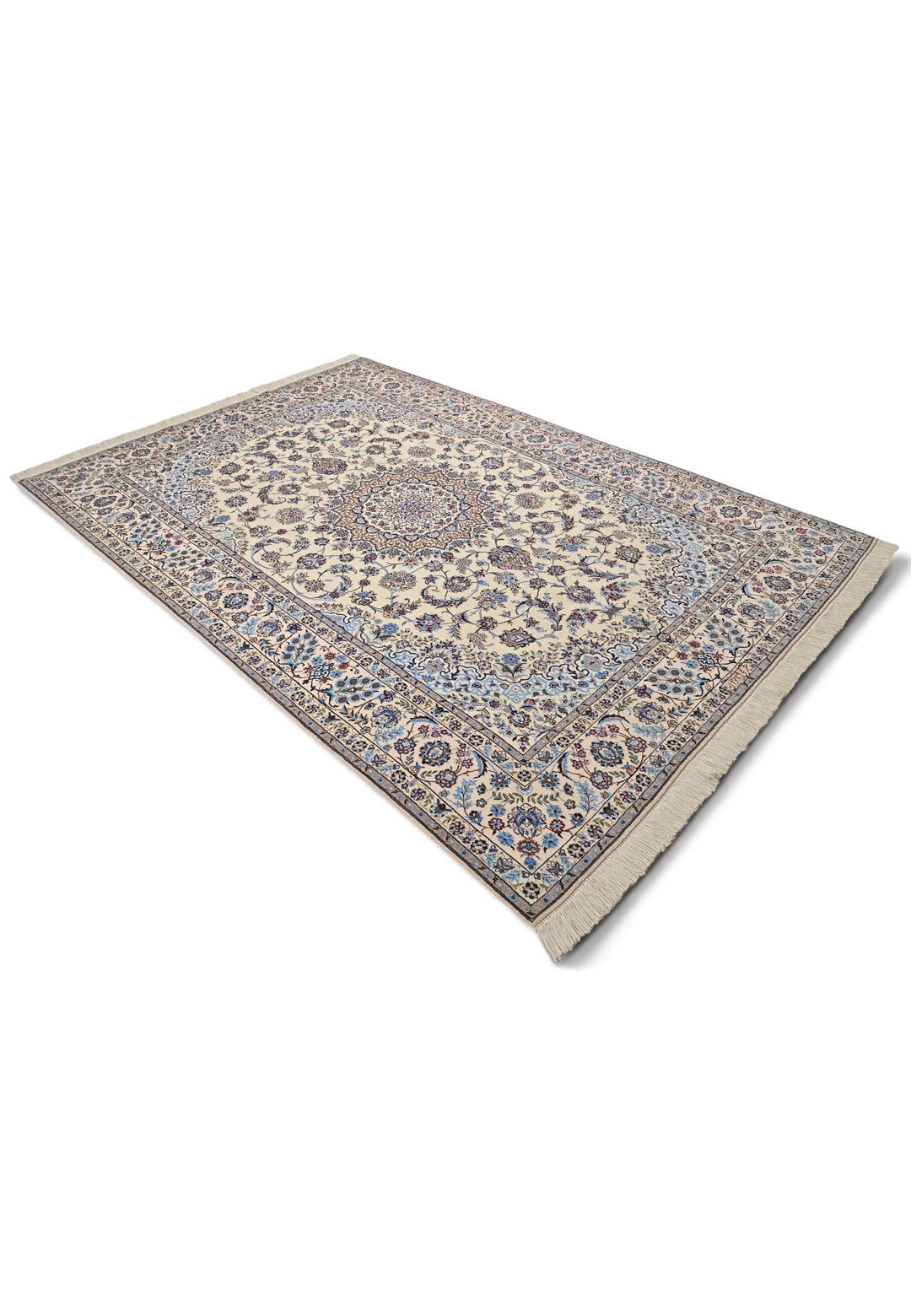 Persian Nain Hand-Knotted Ivory &amp; Blue Medallion Rug — 165×238 cm