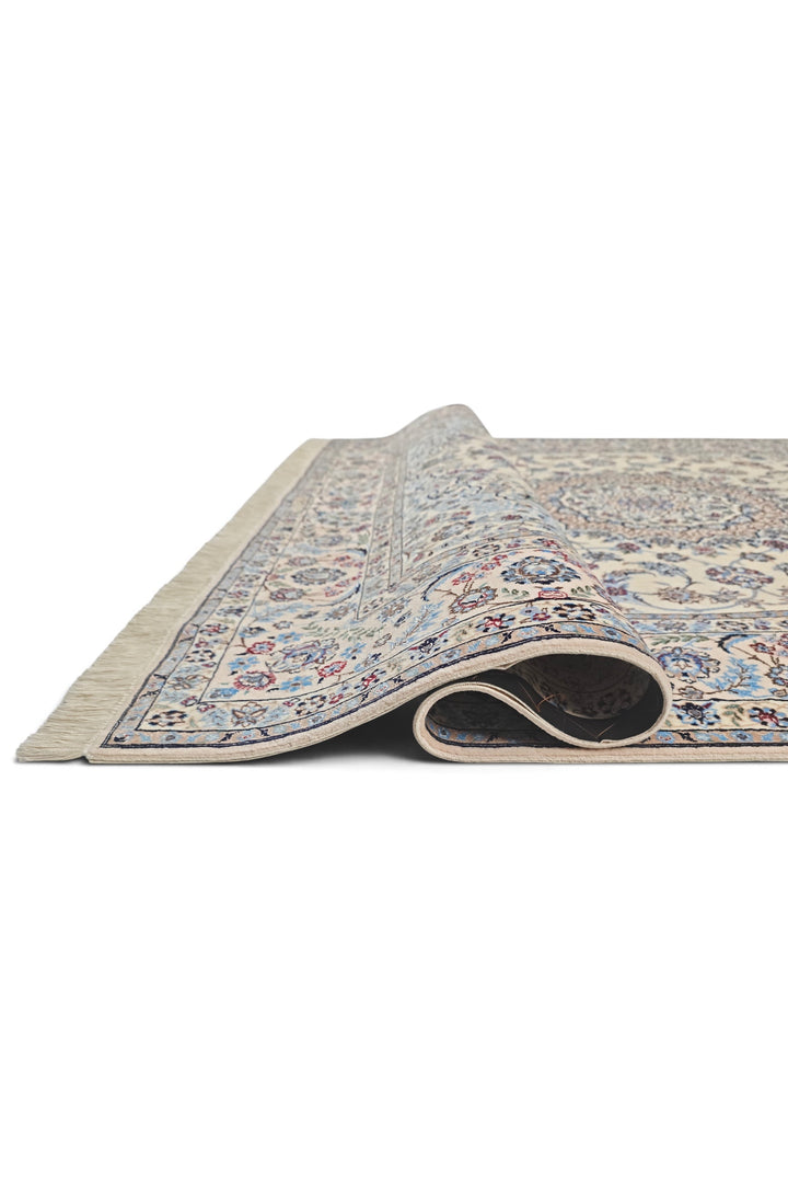 Persian Nain Hand-Knotted Ivory &amp; Blue Medallion Rug — 165×238 cm