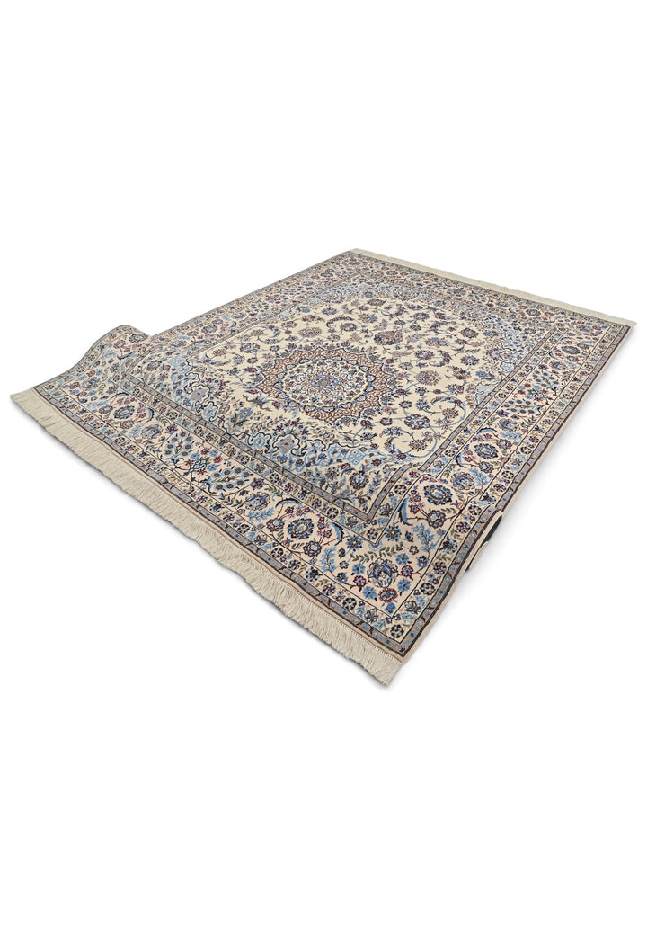 Persian Nain Hand-Knotted Ivory &amp; Blue Medallion Rug — 165×238 cm