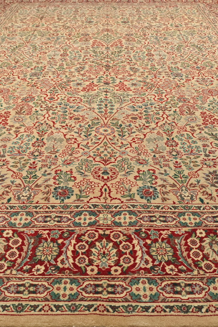 Cream and Red Floral, Hand-Knotted Pakistani Wool Rug