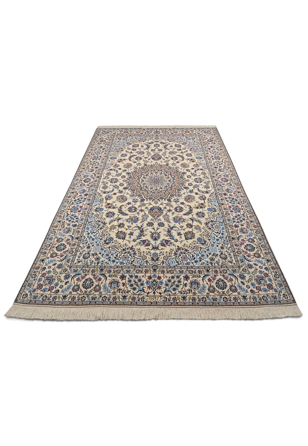 Persian Nain Hand-Knotted Ivory &amp; Blue Medallion Rug — 165×238 cm