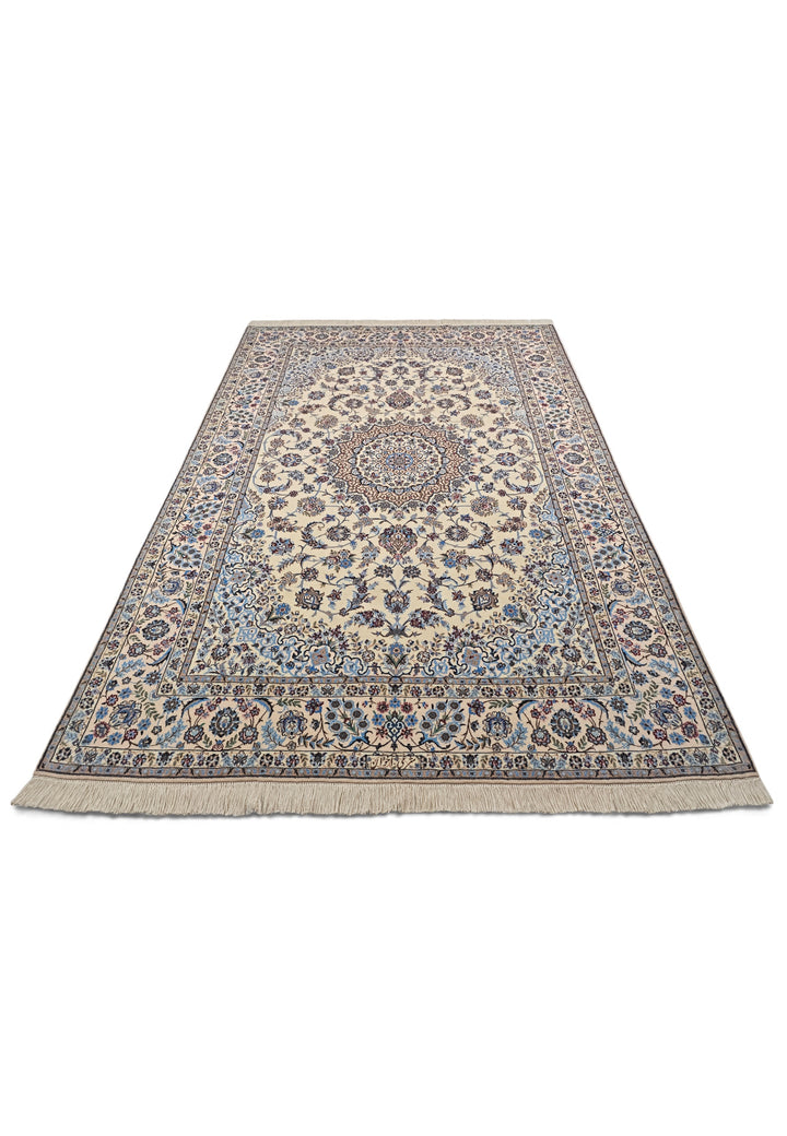 Persian Nain Hand-Knotted Ivory &amp; Blue Medallion Rug — 165×238 cm