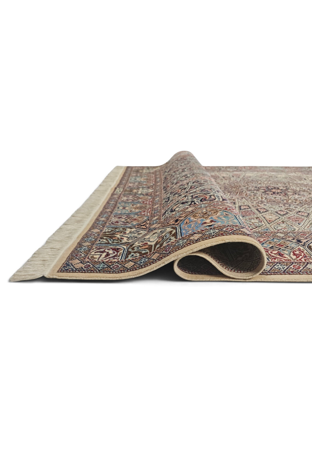 Ivory and Blue Gonbad Dome Persian Nain, Hand-Knotted Wool Rug
