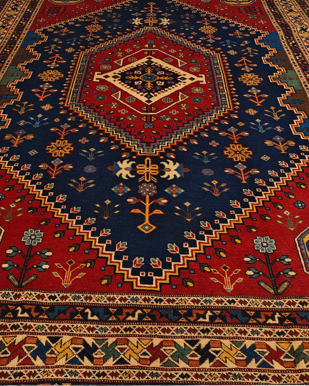 Navy &amp; Red Shiraz Medallion Rug, Hand-Knotted Afghani Sherwan