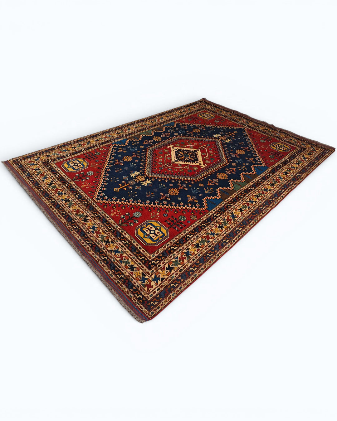 Navy &amp; Red Shiraz Medallion Rug, Hand-Knotted Afghani Sherwan