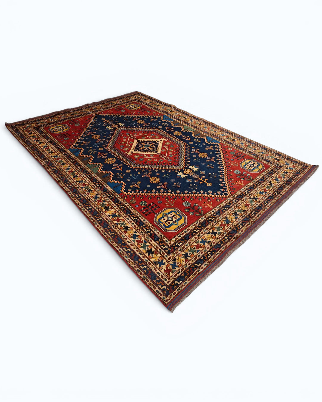 Navy &amp; Red Shiraz Medallion Rug, Hand-Knotted Afghani Sherwan
