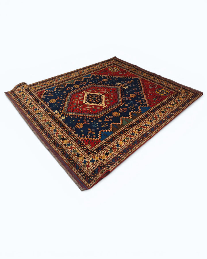 Navy &amp; Red Shiraz Medallion Rug, Hand-Knotted Afghani Sherwan