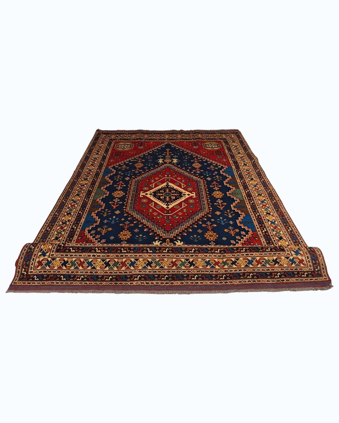Navy &amp; Red Shiraz Medallion Rug, Hand-Knotted Afghani Sherwan