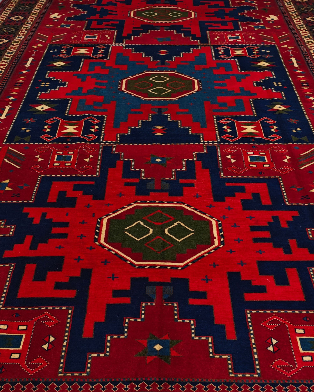 Red &amp; Navy Lesghi Star Rug, Hand-Knotted Afghani Sherwan