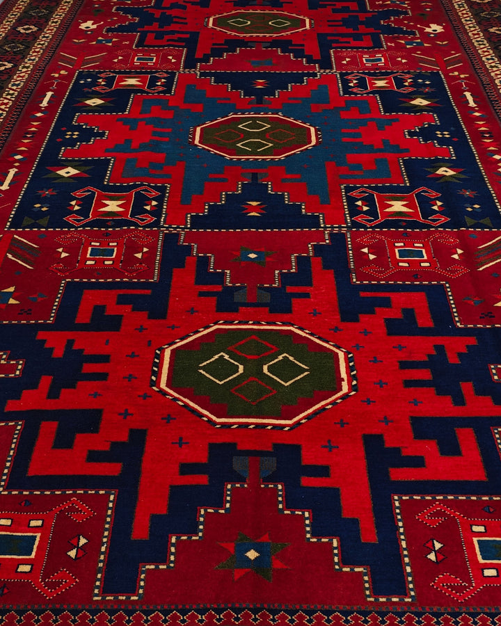 Red &amp; Navy Lesghi Star Rug, Hand-Knotted Afghani Sherwan
