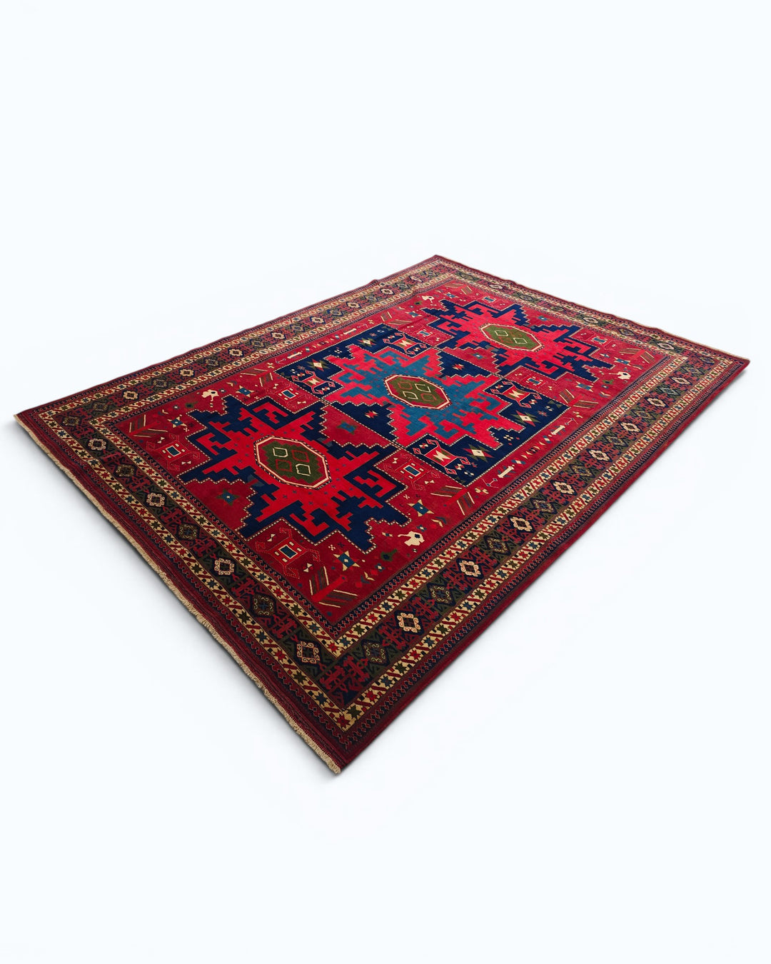 Red &amp; Navy Lesghi Star Rug, Hand-Knotted Afghani Sherwan