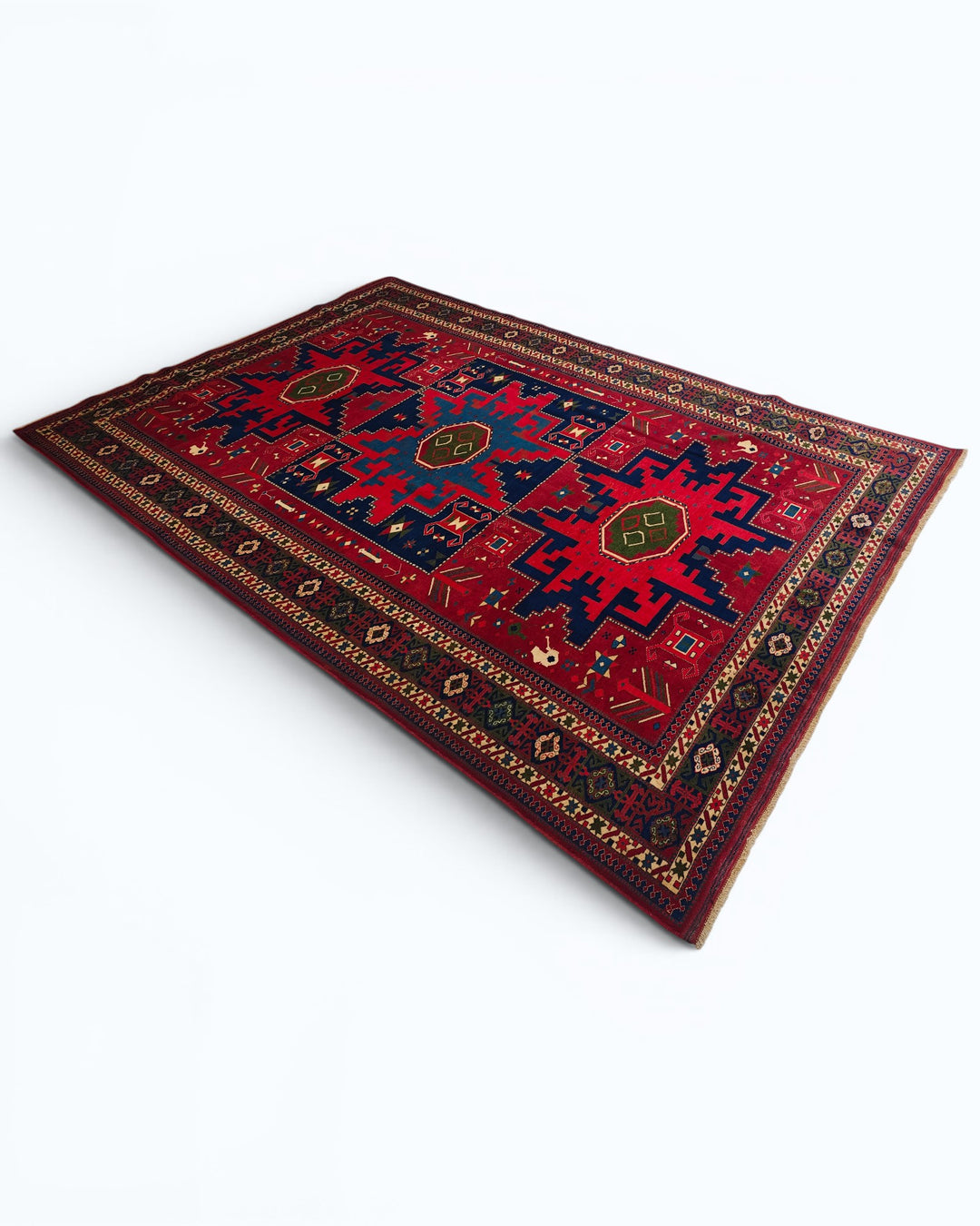 Red &amp; Navy Lesghi Star Rug, Hand-Knotted Afghani Sherwan