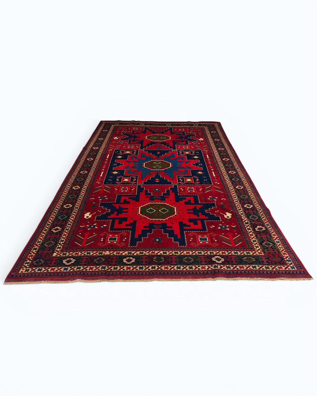 Red &amp; Navy Lesghi Star Rug, Hand-Knotted Afghani Sherwan