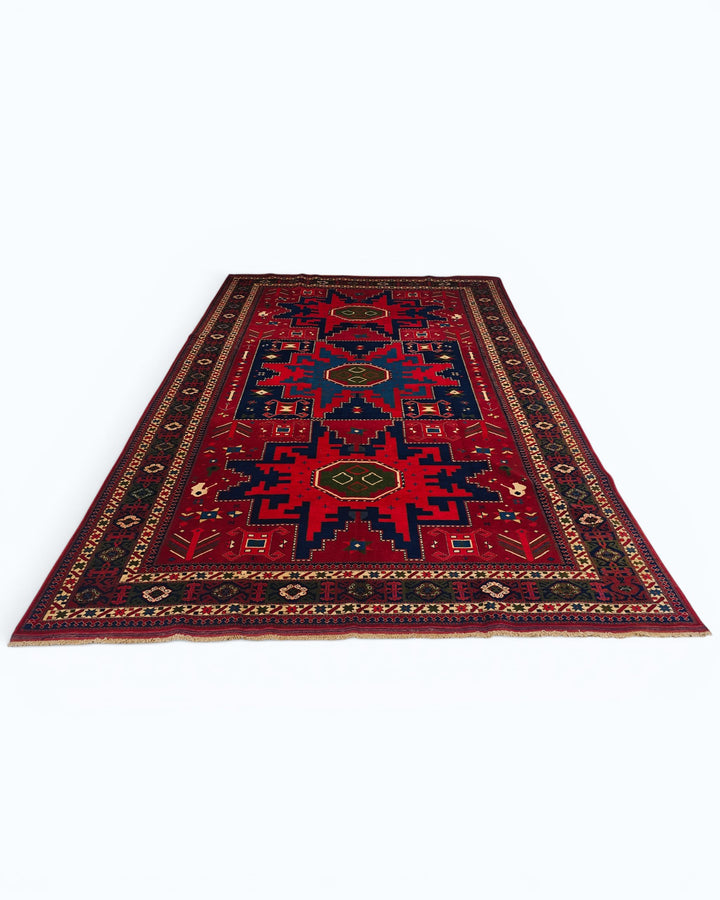 Red &amp; Navy Lesghi Star Rug, Hand-Knotted Afghani Sherwan