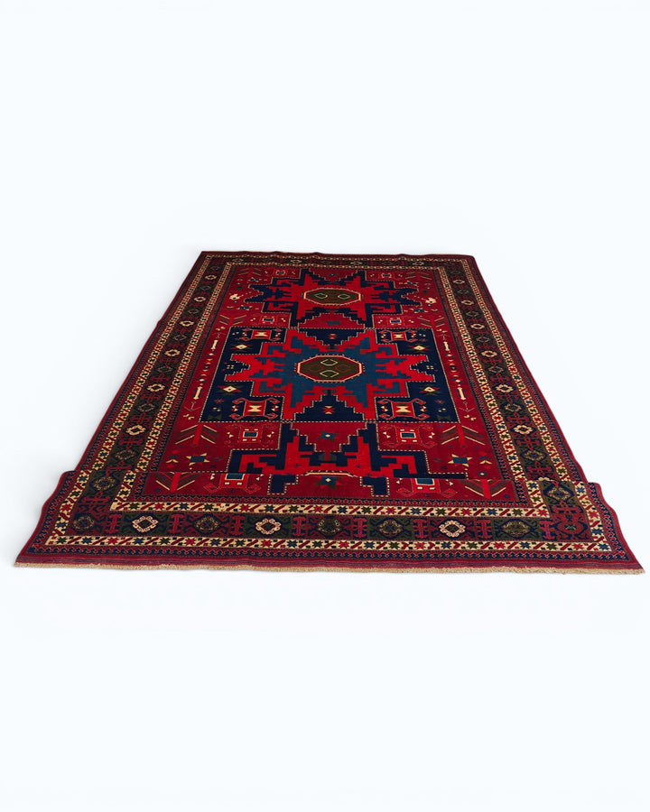 Red &amp; Navy Lesghi Star Rug, Hand-Knotted Afghani Sherwan