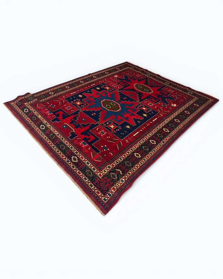 Red &amp; Navy Lesghi Star Rug, Hand-Knotted Afghani Sherwan