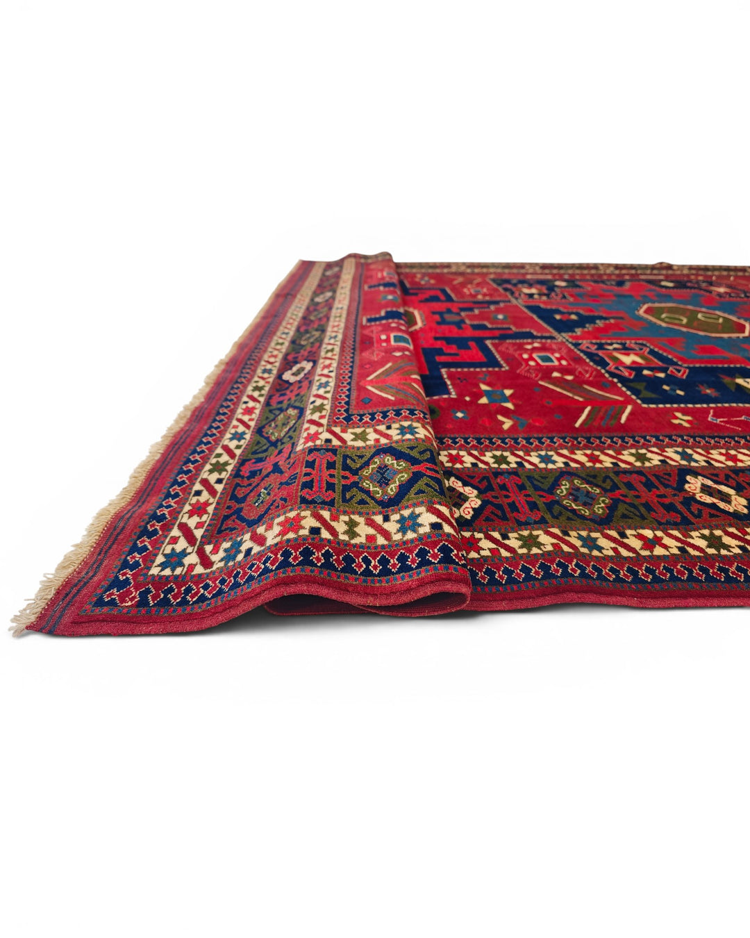 Red &amp; Navy Lesghi Star Rug, Hand-Knotted Afghani Sherwan
