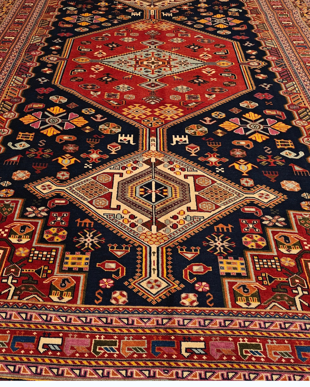 Navy &amp; Red Khamseh Tribal Rug, Hand-Knotted Afghani Sherwan