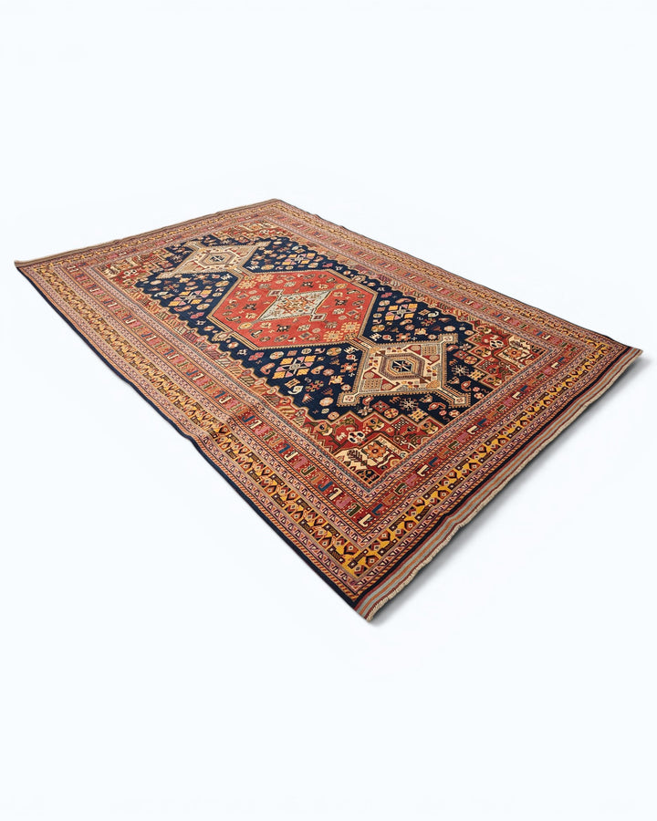 Navy &amp; Red Khamseh Tribal Rug, Hand-Knotted Afghani Sherwan