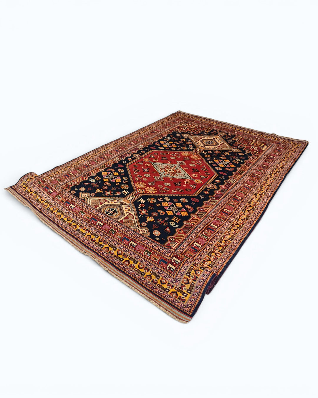 Navy &amp; Red Khamseh Tribal Rug, Hand-Knotted Afghani Sherwan
