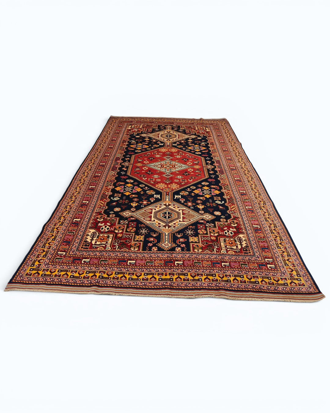 Navy &amp; Red Khamseh Tribal Rug, Hand-Knotted Afghani Sherwan