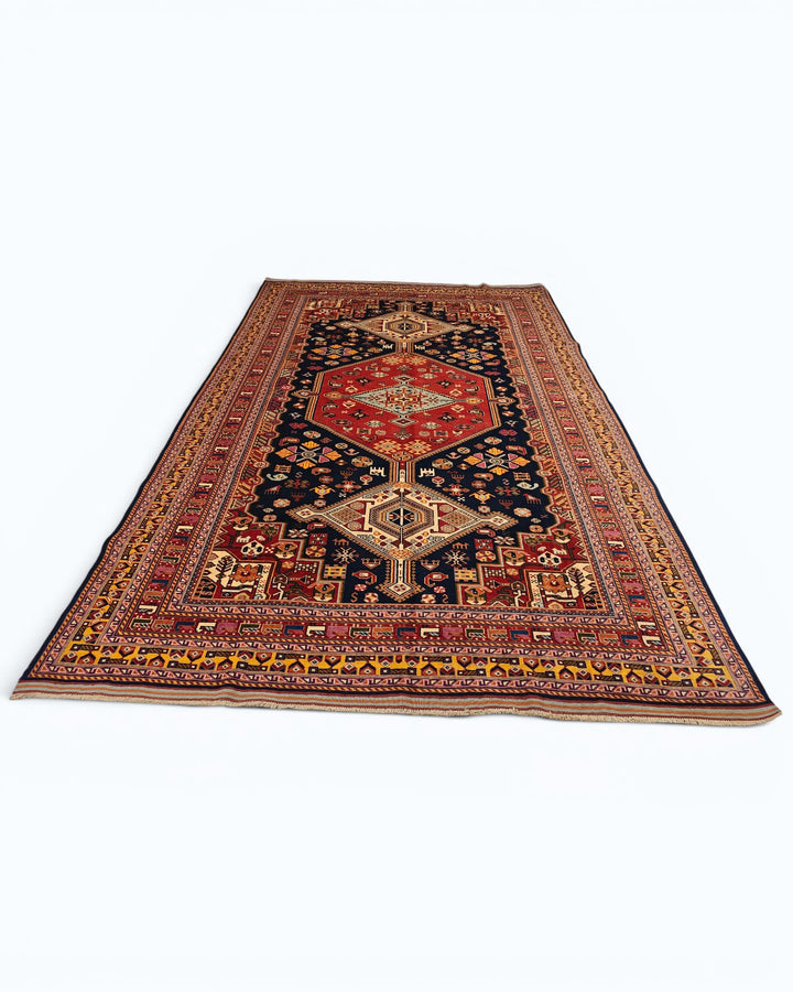 Navy &amp; Red Khamseh Tribal Rug, Hand-Knotted Afghani Sherwan