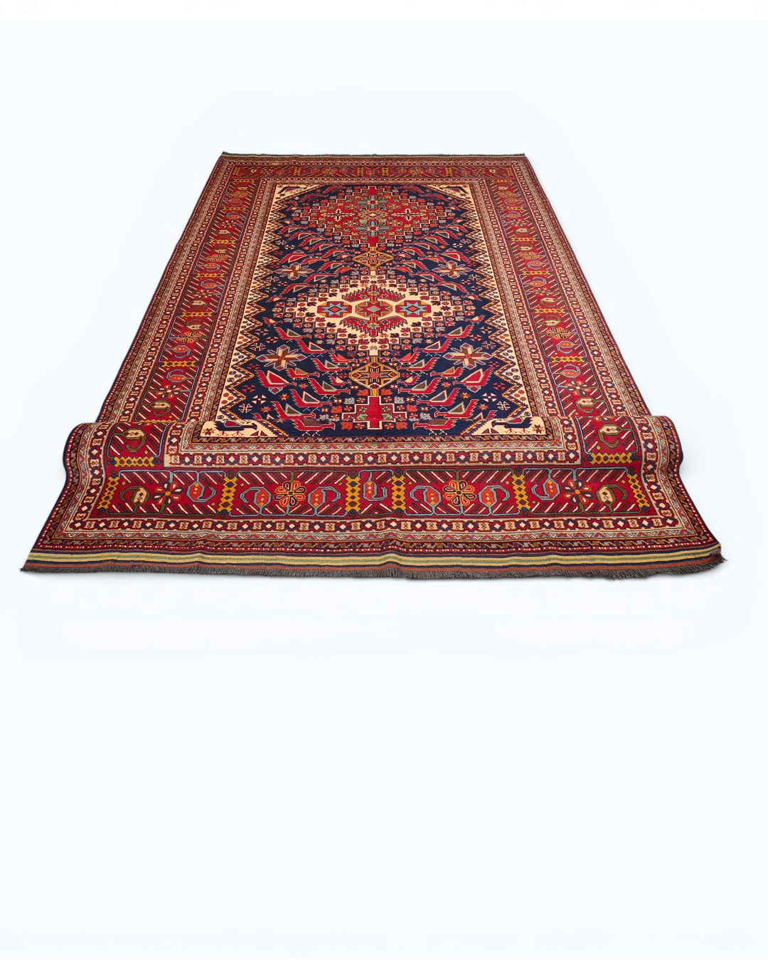 Navy &amp; Red Akstafa Rug, Hand-Knotted Afghani Sherwan